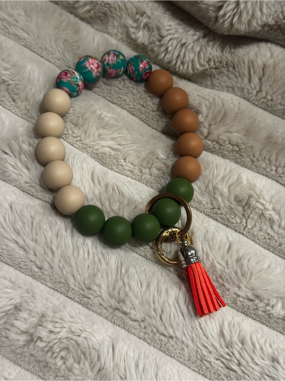 Beaded Silicone Keyring Bracelet with Orange Tassel - Multi